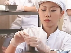 Teen asian nurses rubbing shafts for sperm medical exam