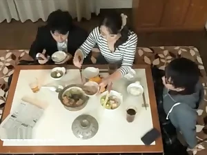 Japanese stepmom fucks son under table